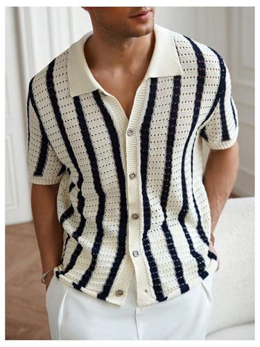 Men's Striped Crochet Shirts Hollow Out Button Down Shirts Knit Short Sleeve Casual Vacation Top4