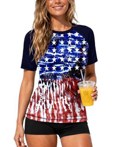 Image of AOBUTE Women Short Sleeve Rash Guard UPF 50+ Tropical Sun Protection Floral Swim Shirts