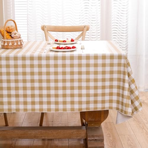 Image of Heavy Duty Vinyl Tablecloth with Flannel Backing Waterproof Oil-Proof Plastic Table Cloth Stain-Resistant Wipeable Rectangle or Square Table Cover for Indoor and Outdoor (Khaki Checkered, 60x84 Inch)