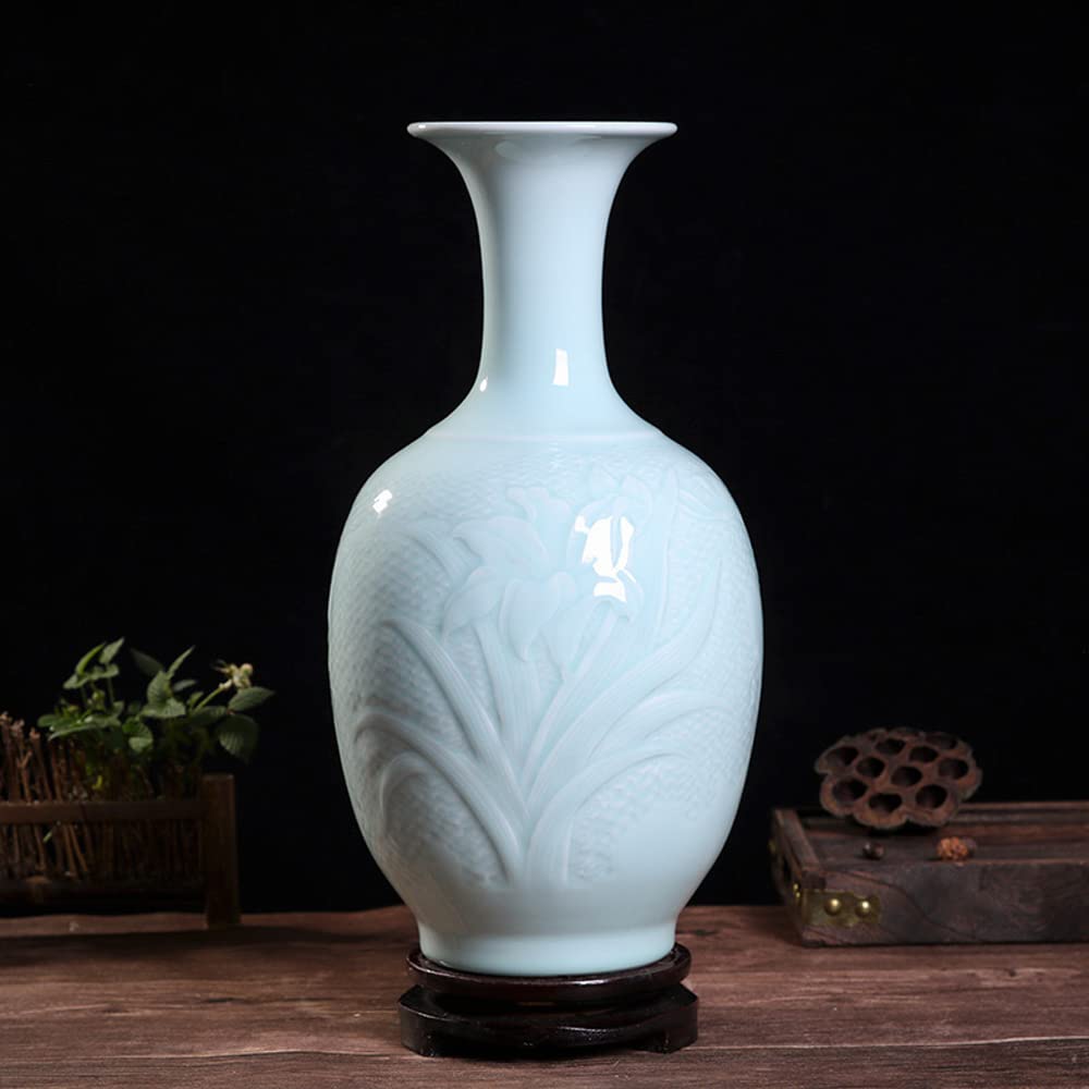 asdchZen Chinoiserie Azure-Glazed Vase Hand-Painted Relief Celadon Vase In Jingdezhen Home Living Room Handmade Chinese Porcelain Ornaments