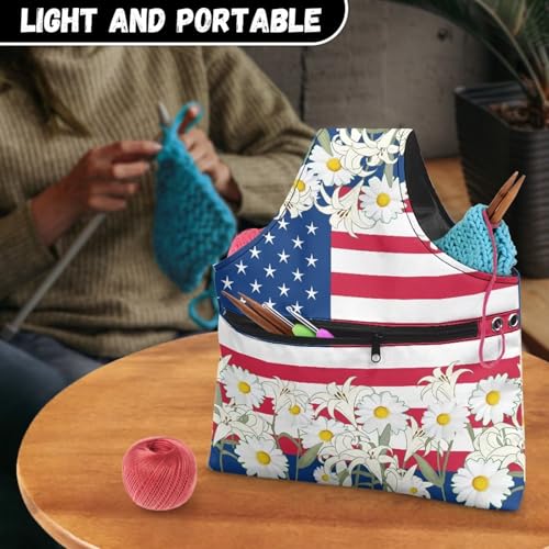 Image of KUIFORTI American Flag Yarn Bag Crochet Storage Bag Independence Day Yarn Bags for Crocheting on The Go Women Girls Anniversary Gifts for Crochet Accessories Size L