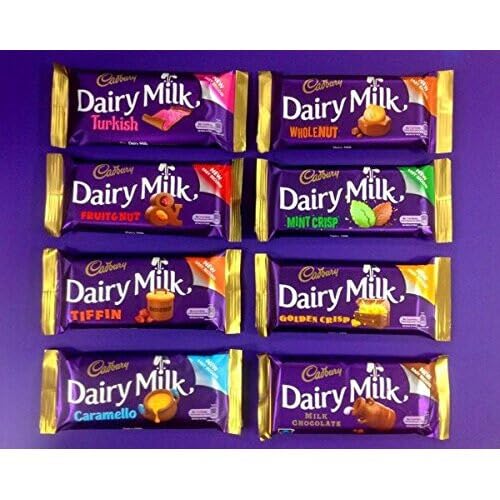 Irish Cadbury Dairy Milk Chocolate 8 Pack - Dairy Milk, Tiffin, Turkish Delight, Mint Crisp ,Golden Crisp, Fruit & Nut, Wholenut Bar and Caramello from Ireland