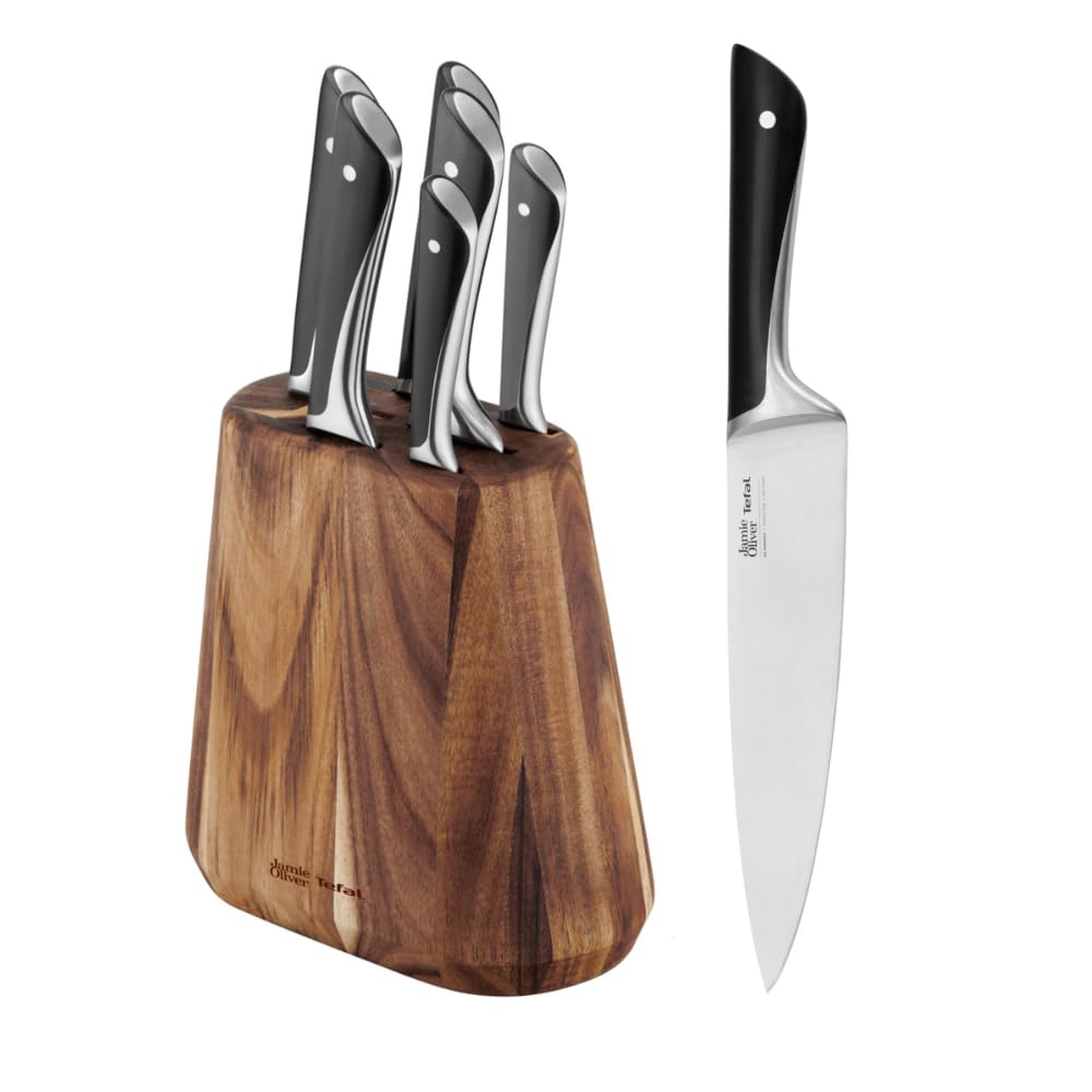 Tefal Jamie Oliver 7-teiliger Messerblock, 6 Küchenmesser + Akazienholz Messerblock, hohe Schneideleistung, unverwechselbares Design, widerstandsfähige und langlebige Klingen, Braun/Schwarz, K267S7