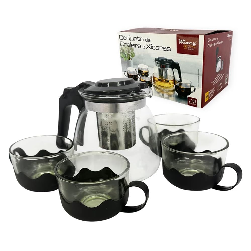 9 tratamentos naturais para a má circulação-radardasaude 5 Conjunto Chaleira de Vidro 1L com Infusor + 4 Xícaras- Wincy