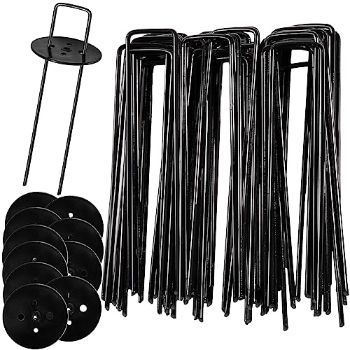 AGAKY 45 Piezas Grapas Cesped Artificial mit 10 Arandelas,Clavos Cesped Artificial de Acero al Carbono Negro,Piquetas para Césped Artificial,Carpa,Manguera,Vallas,Malla Antihierbas,150mm,Ø3mm
