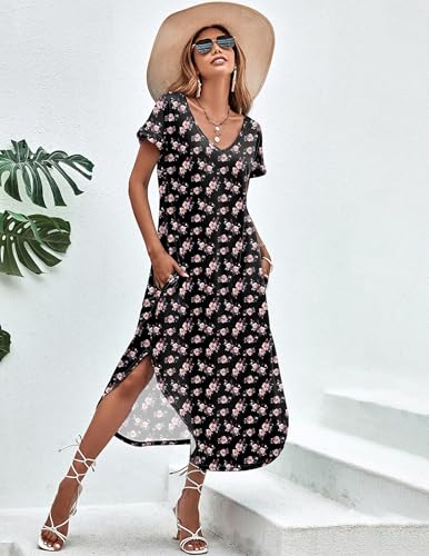 Image of Ekouaer Long Nightgowns for Women Short Sleeve House Dress with Pockets V Neck Sleepshirts Side Split Sleepwear S-4XL