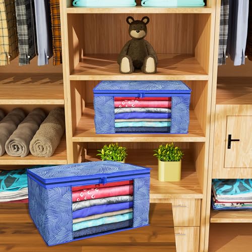 Image of Kuber Industries Non-Woven Clothes Organizer For Wardrobe (Pack of 3) - Storage Organizer For Saree|Shirts|Salwaar Suit|Lehenga For Wardrobe - Saree Covers With Zip (Printed, Blue, 33 cm, 22 cm)
