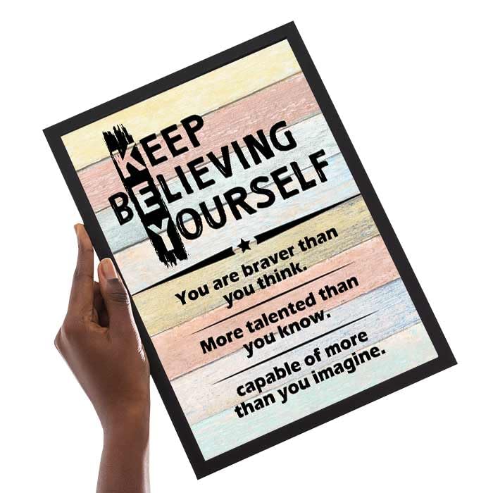 Image of Chaka Chaundh Engineered Wood-Inspirational Framed Posters Motivational Quotes Wall Frames -Photos With Quotes-(14 X 11 Inches)(Keep Believing Yourself-Multicolor)