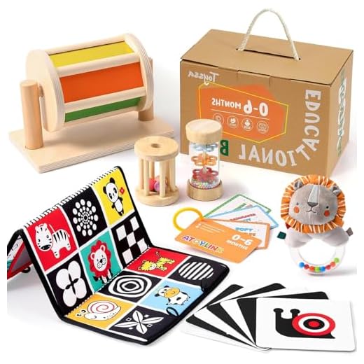Juguetes Bebes 0 3 6 9 12 Meses, Juguetes Montessori de Madera con Tambor Giratorio & Caja Pañuelos & Tarjeta Estimulación Visual & Sonajeros Bebe & Espejo, Estimulacion Temprana Juguetes Sensoriales