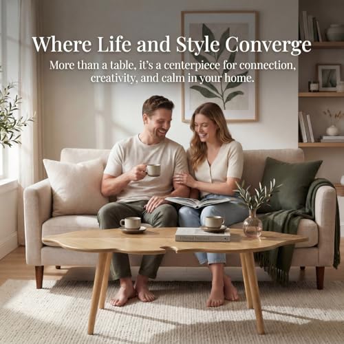 Image of HNY Modern Small Coffee Table for Living Room, Natural Solid Wood Coffee Table Farmhouse Center Table, Leaf Floor Table End Table Side Table with Wood Leg Easy Assembly for Bedroom Home Office Cafe