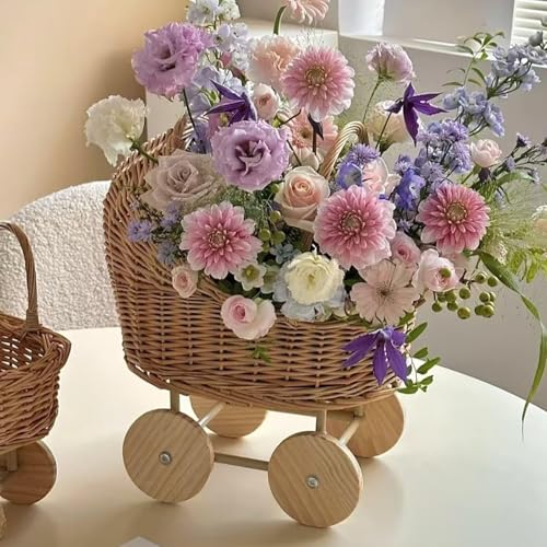 Woven Rattan Stroller Shaped Flower Basket, Vintage Wicker Carriage Basket with Handle, Handwoven Rustic Decoration for Weddings Showers Easy, Floral...