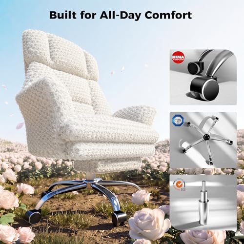 Image of HOMRELEXA Big and Tall Office Chair, Flip Armrests for Pets & Cross Legged Sitting, Executive Ergonomic Computer Gaming Chair with Foot Rest, White Rose Velvet Wide Seat Reclining Desk Chair