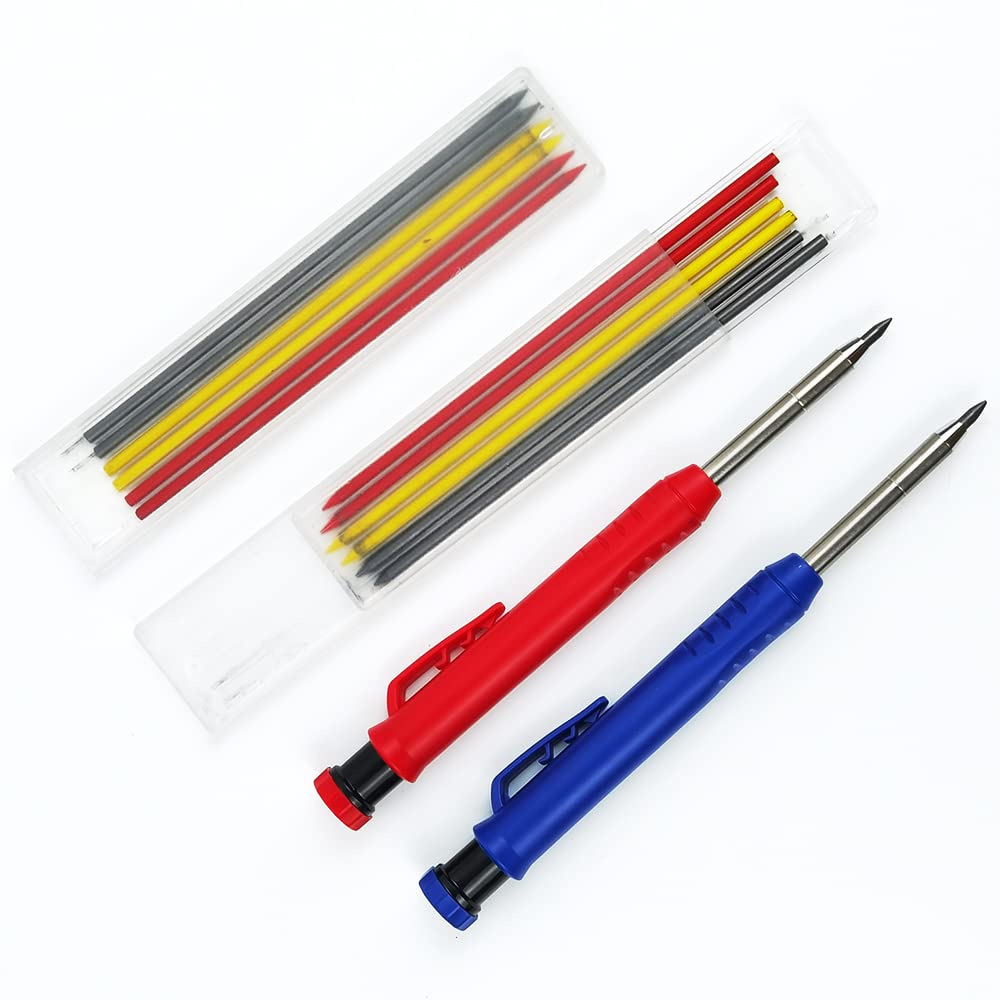 MECHEER Crayon De Charpentier Avec 12 Porte Mine, Crayon Charpentier Pour 45mm Trou Profond, Crayons Menuisier Avec Taille-Crayons Intégré Pour Bricolage Architecte Menuisier