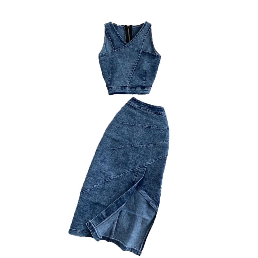 Women V-Neck Sleeveless Vests and High Waist Irregular Skirt Sets Slim Sexy Elegant Denim Suits
