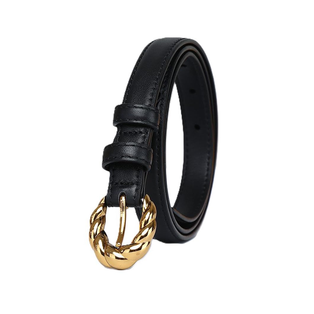 Genérico Mujer Cinturón Ajustado Costuras Cinturones Hebilla De Púas Trenzado Dorado 1,8cm De Ancho Correa De Piel De Vacuno Fina(95cm/37, Black)