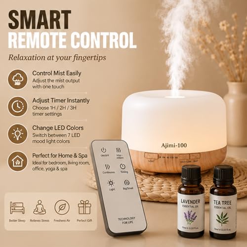 Image of AJIMI-100 Essential Oil Diffuser 500ml Ultrasonic Aroma Diffuser 5-in-1 Aromatherapy Fragrant Humidifier Cool Mist Vaporizer with Auto-Off Timer LED Lights & Remote for Home Bedroom Office & Spa