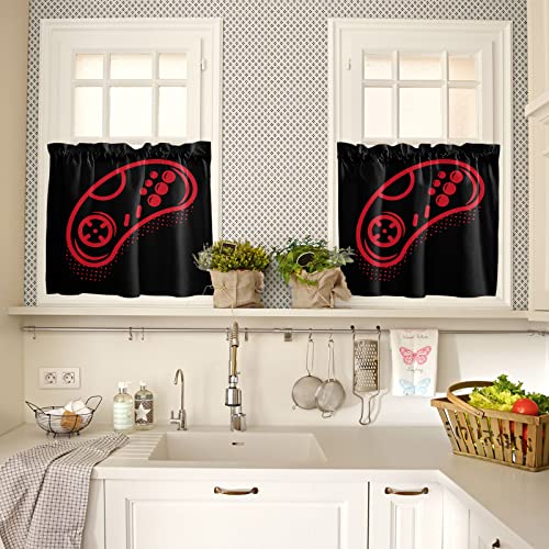 Video Game Window Kitchen Curtain Cafe Tier And Valance,Red Gamepad Games Controller Gamer Black Short Rod Pocket Small Half Window Treatments Layer Tiers Curtains For Kitchen/Bedroom/Bathroom #TOP3