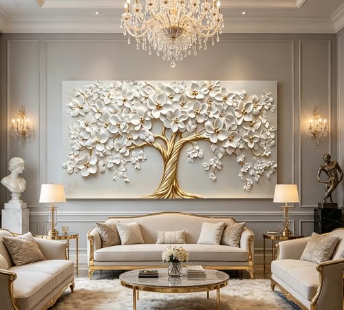 Large Tree of Life Canvas Wall Art,Gold Flower Painting Picture Wall Decor,Elegant Trees Poster Print Artwork for Living Room Bedroom Office Home Decoration - Image 4