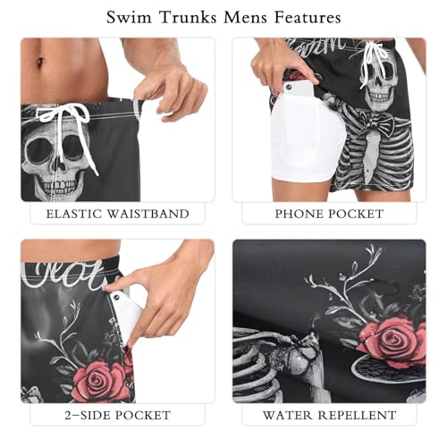 Mens Swim Trunks with Liner, Skeleton Gothic Rose Black Cool Quick Dry Beach Swim Shorts, Swimwear Bathing Suits S3