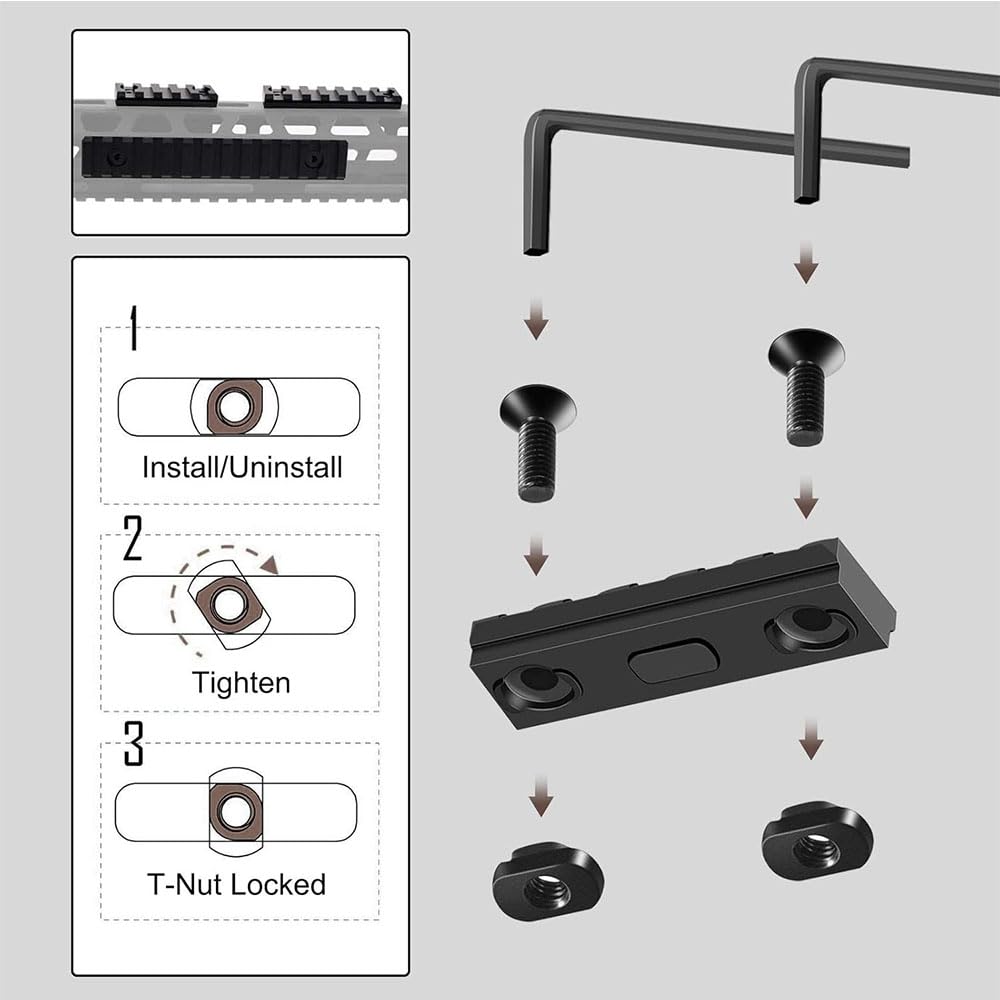 Paike 2 Stück 5-Slot M-LOK Aluminium Picatinny-Schienenabschnitt Zubehör – inkl. 4 T-Muttern und 4 Schrauben