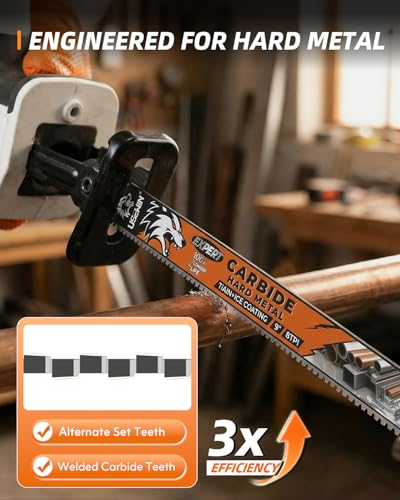 Image of Expert Reciprocating Saw Blade 3 Pack, 9 Inch 8TPI Carbide Sawzall Blades for Stainless Steel, Hardened Steel, Iron, Screws, Metal Pipe, Thick Steel Plate, Rebar, Angle Steel