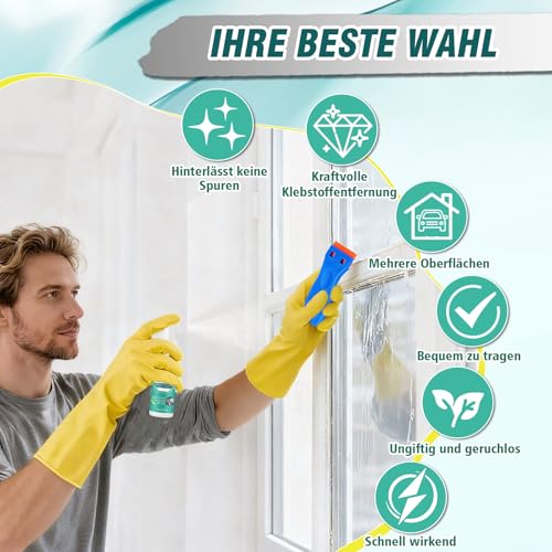 Klebereste Entferner Spray 120ml – Starker Klebstoffentferner & Etikettenlöser mit Schaber & Tuch, Aufkleber Entferner Entfernt Kleber, Etiketten & Klebereste für Glas, Kunststoff, Teppich, Auto