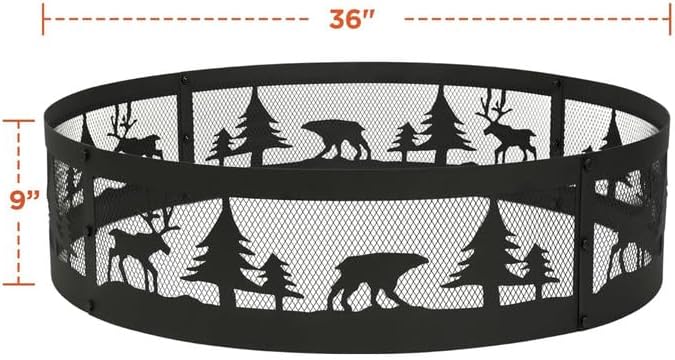 Diagram showing the dimensions of the fire pit ring, 36 inches in diameter and 9 inches in height