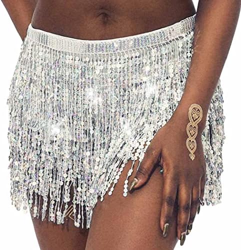 DRESBE Sequins Hip Skirt Belly Dance Scarf Tassel Waist Wrap Rave Costume for Women and Girls (Silver)