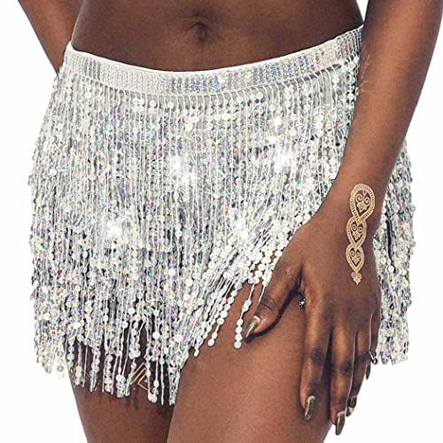 Dresbe Sequins Hip Skirt Belly Dance Scarf Tassel Waist Wrap Rave Costume For Women And Girls (Silver) #TOP3