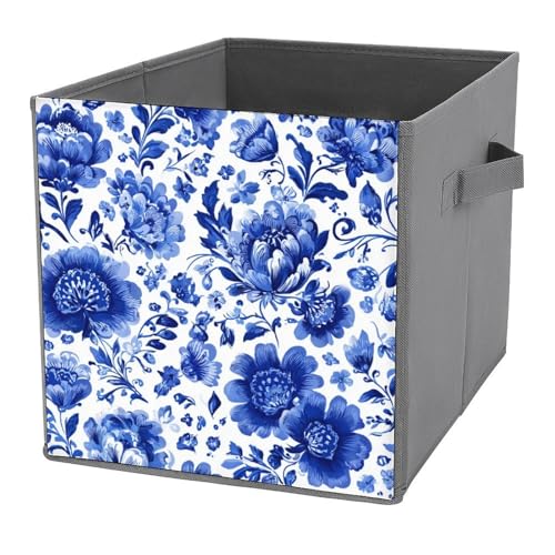 Jubonexis Cubos de almacenamiento de porcelana con patrón de flores azules y blancas, cubos de almacenamiento, plegables, cestas de almacenamiento de tela decorativas, organizadores del hogar con asas
