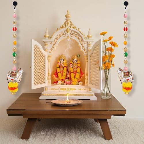 Image of Akaar Decor Pichwai Cow Hanging Set of 2 | Traditional Kamdhenu Cow Door Hanging with Multicolor Beads & Pom Pom Tassels | Festive Wall Decor for Diwali, Pooja Room, Temple & Home Entrance