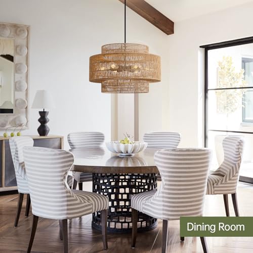 Image of 24 inch Boho Large Rattan Chandelier Light Fixture, 6-Light Large Black Pendant Light Fixture Farmhouse Rustic Chandeliers for Kitchen Bedroom, Dining Room, Living Room, Hallway, Foyer