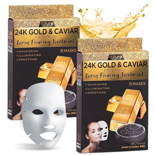 Azure Cosmetics 24K Gold and Caviar Anti Aging Luxury Face Mask - Hydrating & Firming Facial Mask - Helps Reduce Wrinkles & Fine Lines - With Hyaluronic Acid & Collagen - Made in Korea - Pack of 5