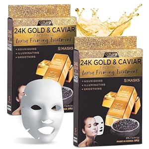 AZURE 24K Gold and Caviar Anti Aging Luxury Face Mask – Hydrating & Firming Facial Mask – Helps Reduce Wrinkles & Fine Lines with Hyaluronic Acid & Collagen – Skin Care Made in Korea – Pack of 10