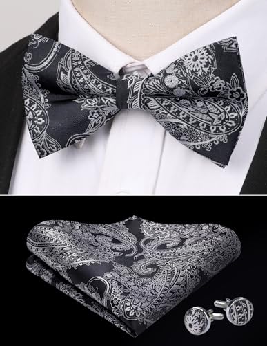 Image of HISDERN Bow Ties for Men Pretied Bow Tie Set Paisley Classic Bowties and Pocket Square Cufflinks Set for Wedding Party