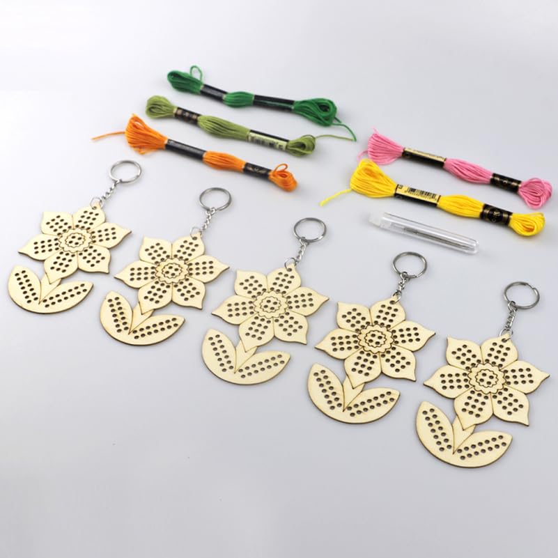 Image of TEHAUX Sunflower Cross Stitch Kit Wooden Keychain DIY Embroidery Needlepoint Set with Cotton Thread for Christmas Decoration and Craft