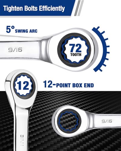 Image of WORKPRO 9 /16 inch Ratcheting Combination Wrench, Mirror Polish Chrome Plating | Premium CR-V Steel, 72-Teeth, 12 Point Design, SAE, For Home Projects, Motorcycle Repair, Garage Work, Plumbing, Machinery