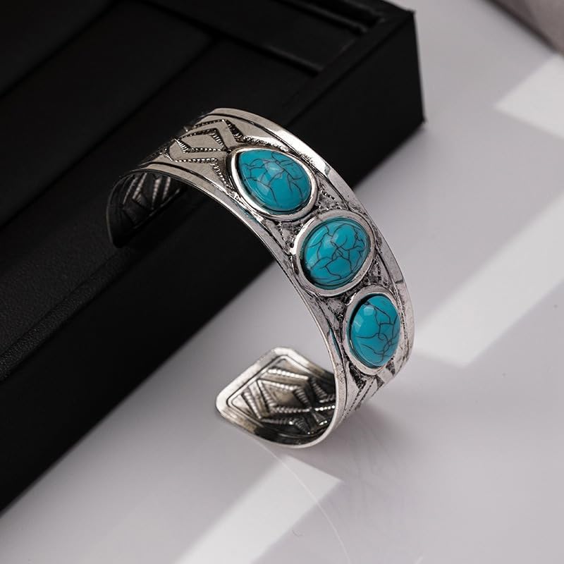 Bohemian Turquoise Cuff Bracelet for Women Vintage Chunky Boho Open Bangle Silver Turquoise Bracelet Adjustable Statement Birthday Wedding Party Jewelry - Image 4