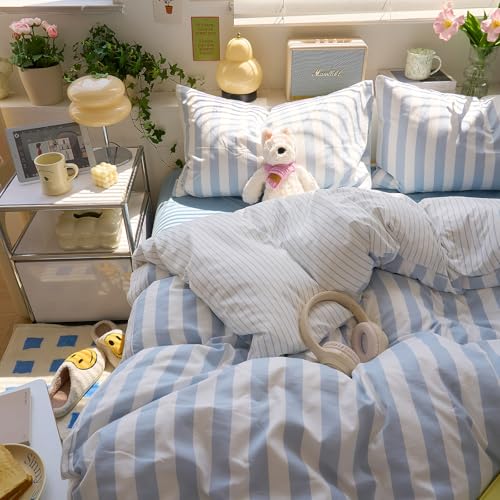 Image of VM VOUGEMARKET Queen Duvet Cover Set Blue White Striped Teens Boys Dorm Bedding Set Soft Lightweight Reversible Microfiber Farmhouse Duvet /Quilt Cover with Zipper-90 x90,Blue White