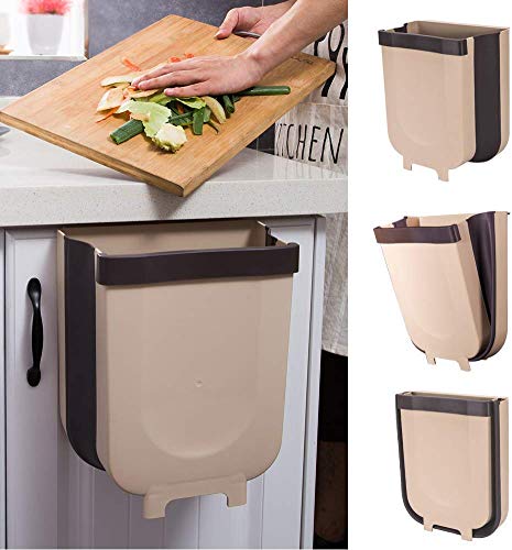 CTOPIA Foldable Trash Bin Can for Kitchen Cabinet Door, Collapsible Trash Bin Small Compact Garbage Can Attached to Cabinet Door Kitchen Drawer Bedroom Dorm Room Car Waste Bin - 9L (Coffee)