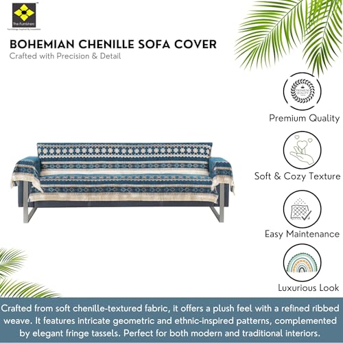 Image of Elegant Woven Turquoise Sofa Cover Soft Chenille Traditional Pattern with Lace Style | L-Shape Sectional Seat Protector for Living Room | Durable & Stylish Slipcover 3 Seater with Arms