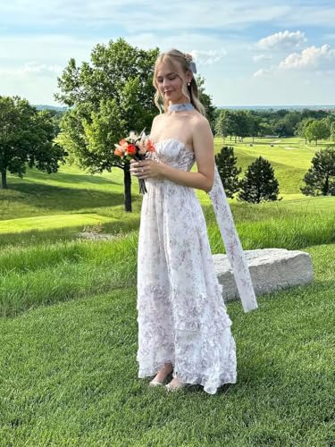 Strapless Bridesmaid Dresses for Women with Scarf Foral Chiffon Pom Dress Ruffle Formal Evening Gowns with Slit3