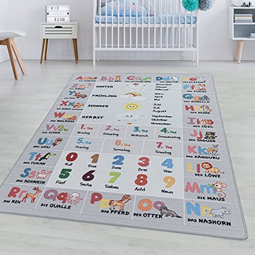 SIMPEX Kurzflor Teppich Kinderteppich Kinderzimmer Buchstaben Zahlen Jahreszeiten Grau, Farbe:Grau, Grösse:80x120 cm Cover