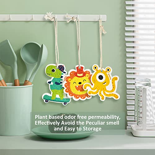 Image of 3pcs Compressed Wood Pulp Sponge Scrubber, Cute Cartoon Dual-Sided Reusable Dish Washing Cleaning Sponges Brush, with Lanyard, Individually Packaged, Household Cleaning Supplies