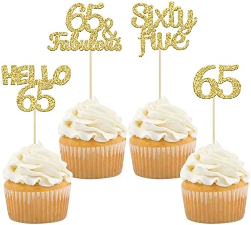 Gyufise 24Pcs Gold Glitter 65th Birthday Cupcake Toppers Hello 65 Sixty Five Cake Toppers 65 & fabulous Cupcake Picks for 65th Birthday Cake Decorations Supplies