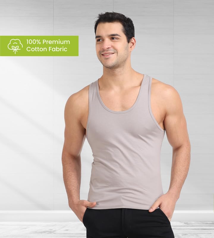 Image of Freecultr Cotton Vest for Men Sleeveless Lightweight Solid Round Neck Comfort Vest | Ultra-Soft Breathable Innerwear Sando for Gym, Sports, Workout, and Everyday Wear | Regular Fit and Durable Design