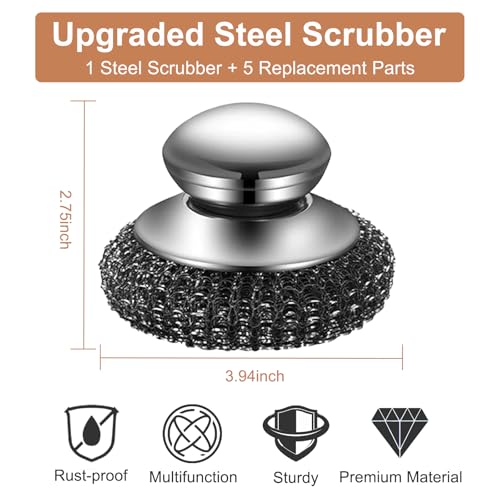 Image of Stainless Steel Wool Scrubber with Handle, 5 Replacement Steel Scrubber Wool Pads,Stainless Steel Scrubber for Scouring Stubborn Messes from Cast Iron, Pots, Pans, Grill, Stoves, Sink (Dark Gray)