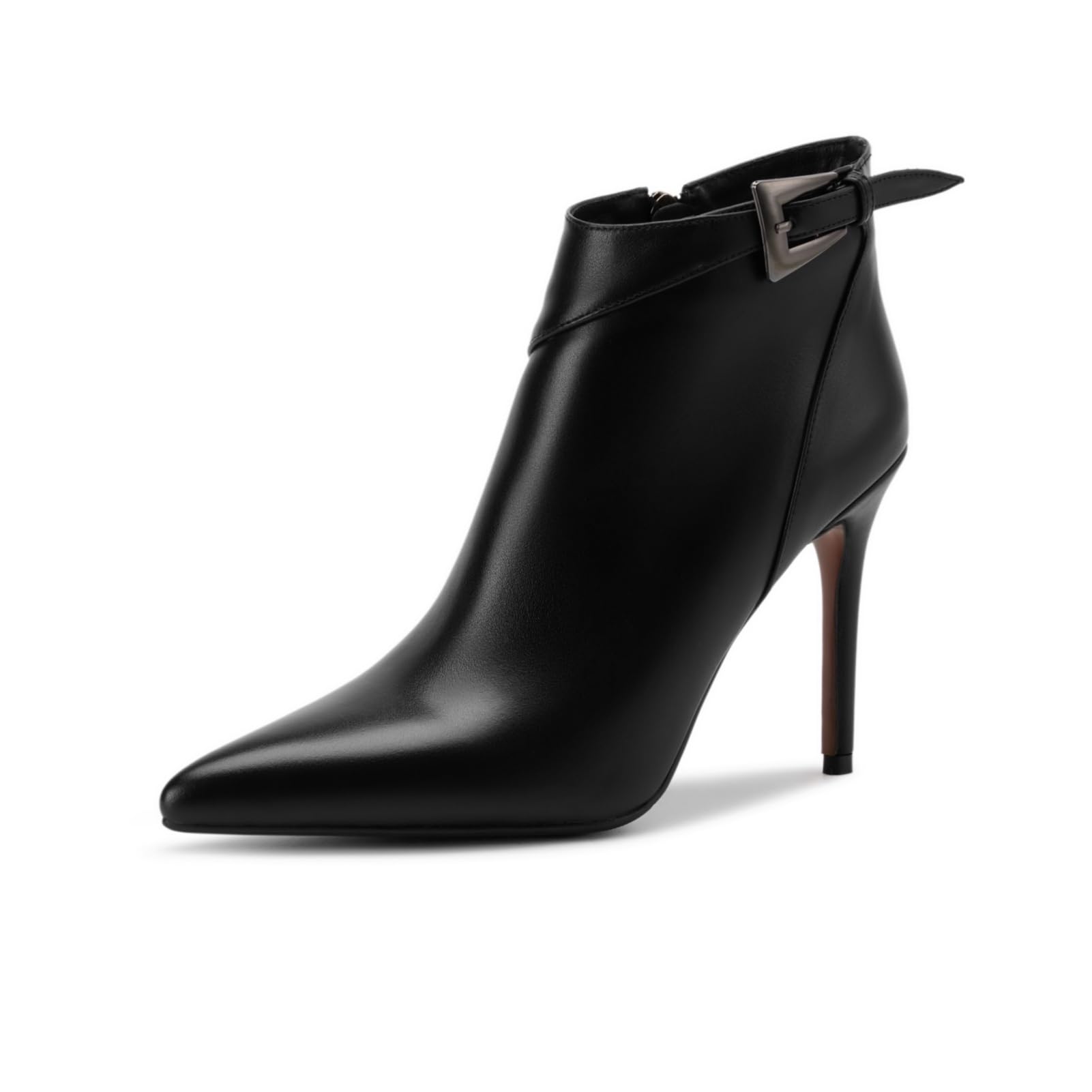 TinaCus Womens Buckled Ankle Boots Genuine Leather Handmade Pointed Toe Stiletto High Heels Zip up Booties
