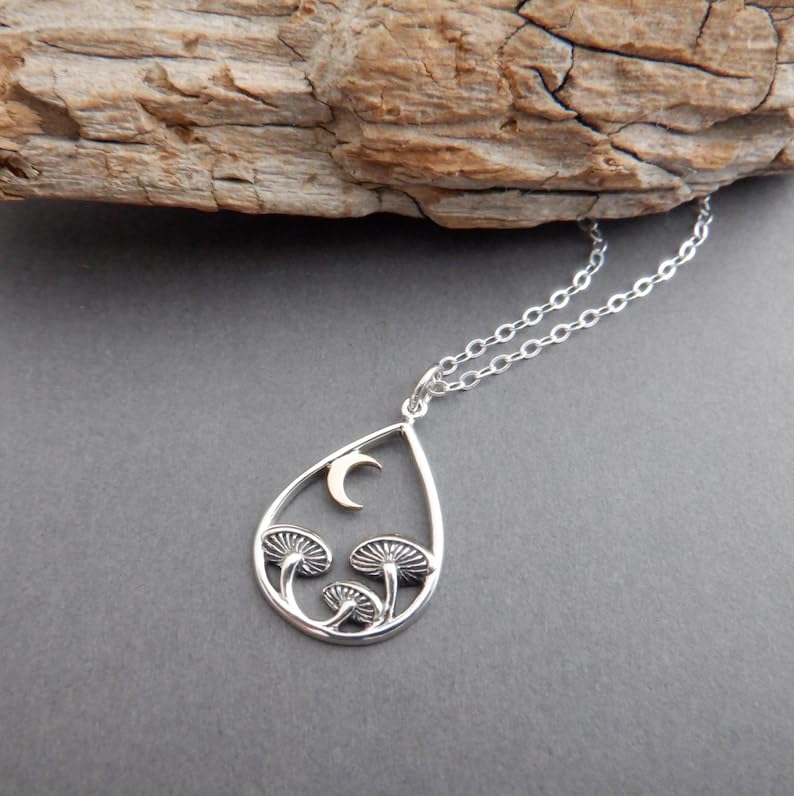Collier argent 925 champignons et lune en bronze ciselé main - 3
