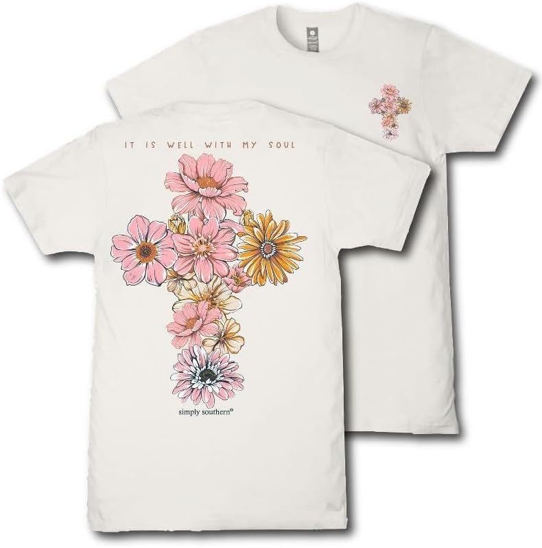 Simply Southern It is Well with My Soul - Cross - Flowers - Adult T-Shirt
